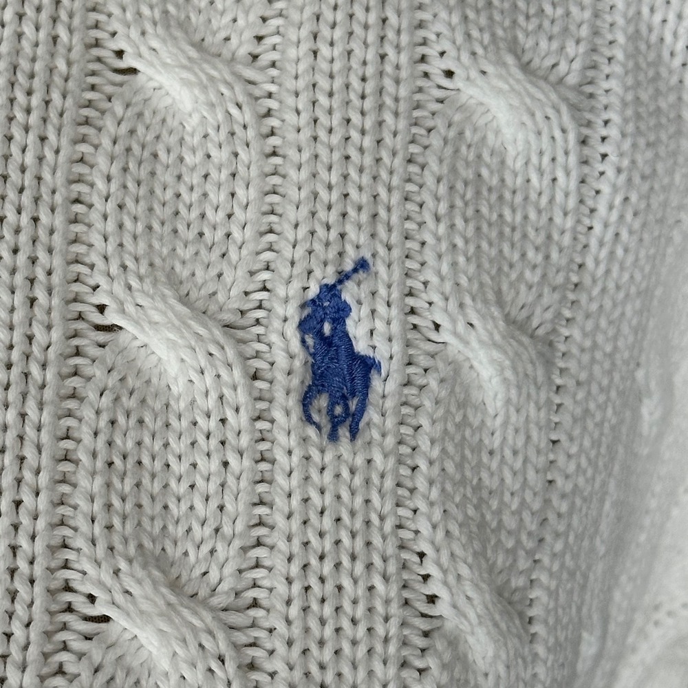 Ralph Lauren White Cable Knit Crewneck Sweater with Blue Pony - Picture 9 of 12